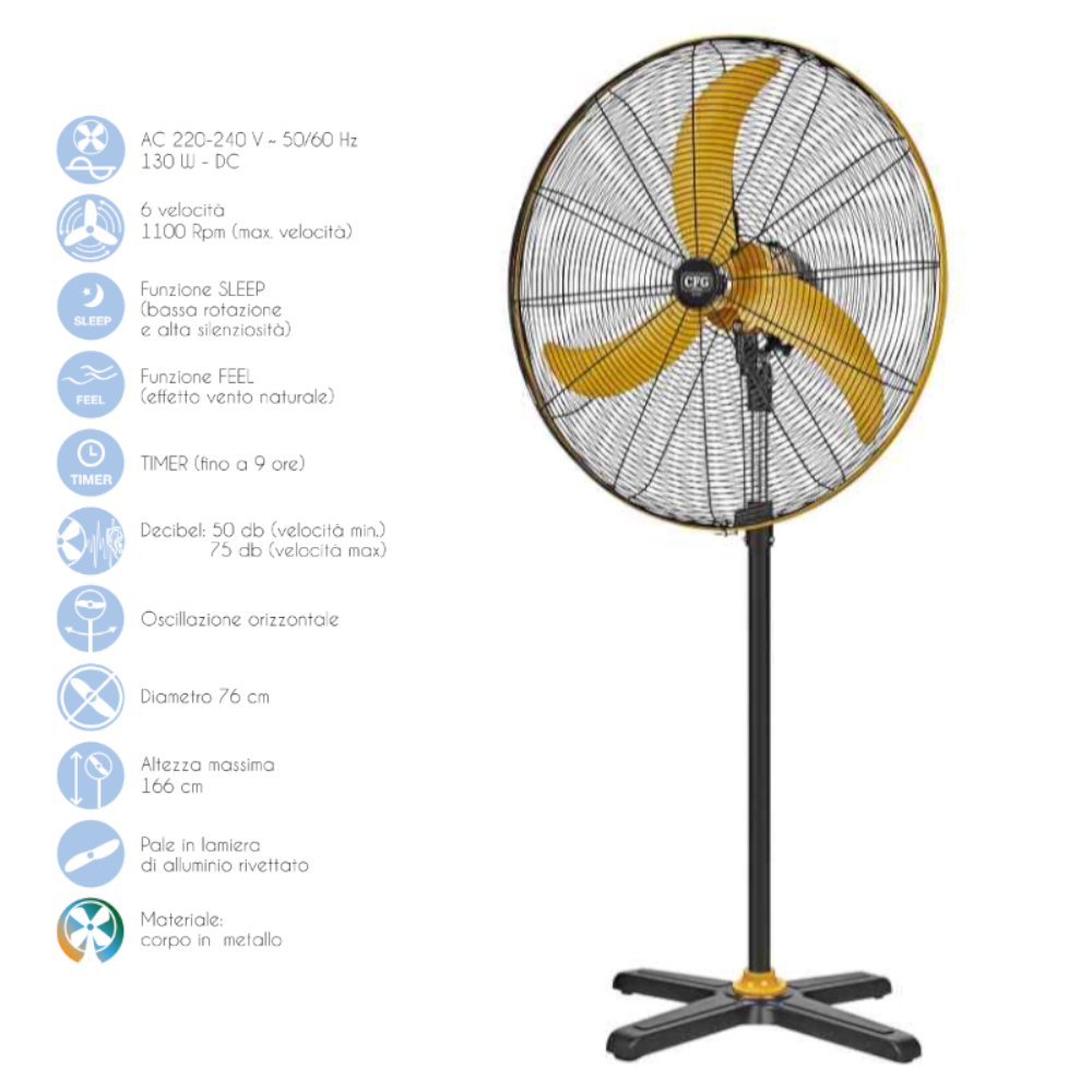 CFG Ventilatore a piantana Silente 32 silenzioso motore DC da 130W funzione Sleep e FEEL timer oscillazione dimaetro 76 cm altezza 170cm