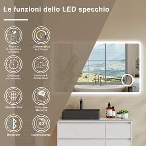 Aica 100x60cm Specchio da bagno Bluetooth antiappannamento, 3 colori dimmerabili, lente d'ingrandimento 3X