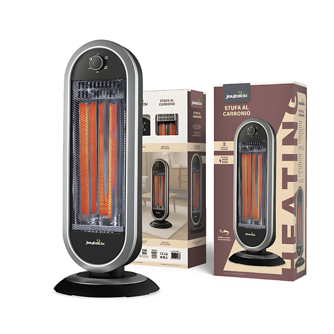 Stufa al Carbonio 900w Due potenze 450/900w Oscillante Sensore Antiribaltamento Corpo Antiscottatura Maniglia Trasporto