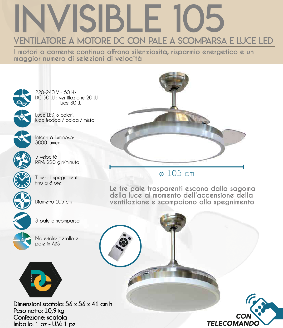 Ventilatore da Soffitto con Luce e Telecomando LED cfg Invisible 105 Pale ev086