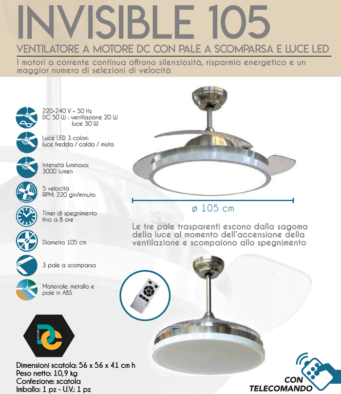 Ventilatore da Soffitto con Luce e Telecomando LED cfg Invisible 105 Pale ev086