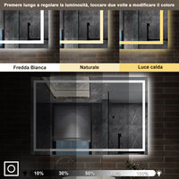 specchio rettangolare 150 x 80 cm con luce led antiappannamento e touch, 3 colori