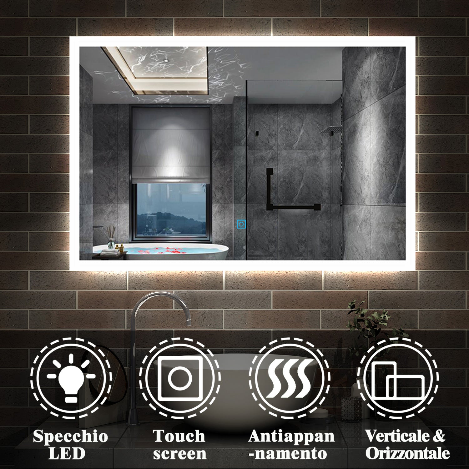 specchio rettangolare 100x60 cm con luce led antiappannamento e touch