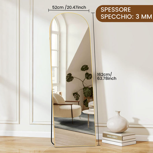 Specchio a figura intera 162 x 52 cm, specchio ad arco RATTANTREE, specchio da terra con supporto, specchio ad arco nero a figura intera