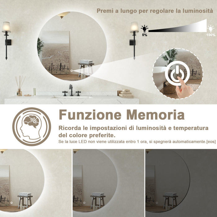 Specchio bagno tondo 70 cm con led. Dimmerabile + Touch Control + Bordo non sabbiato + IP44