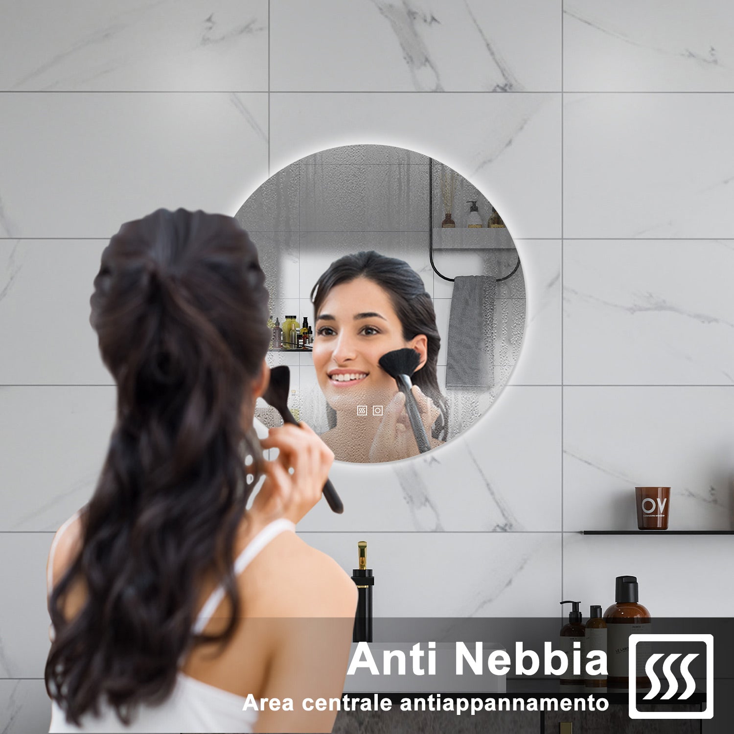 AICA Specchio da bagno 70 x 70 cm, 3 colori, antiappannamento, dimmerabile, interruttore touch, Funzione Memoria