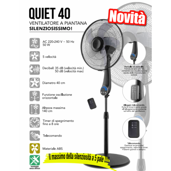 Cfg Ventilatore Piantana, QUIET40 Silenzioso, 50W, 5 Velocità, 30 DB, Timer 8H, Telecomando, EV074