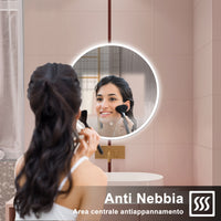 AICA Specchio da bagno 60 x 60 cm, 3 colori, antiappannamento, dimmerabile, interruttore touch, Funzione Memoria