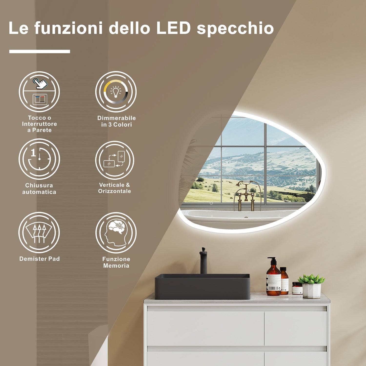 100 x 80 cm Specchio con illuminazione integrata bagno ciottolo. Touch. 3 Temperature Colore. Pellicola Antideflagrante