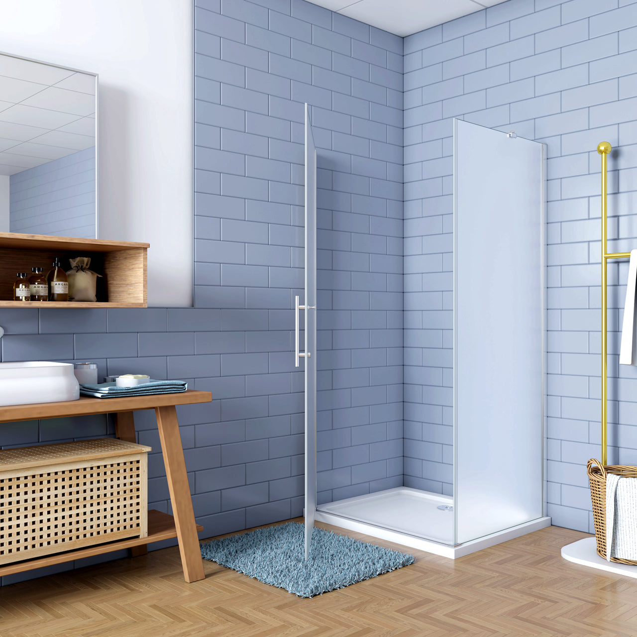 195cm Box Doccia Angolare Porta Battente con Parete Fissa 90x70cm in Vetro Satinato 6mm Anticalcare Irreversibile