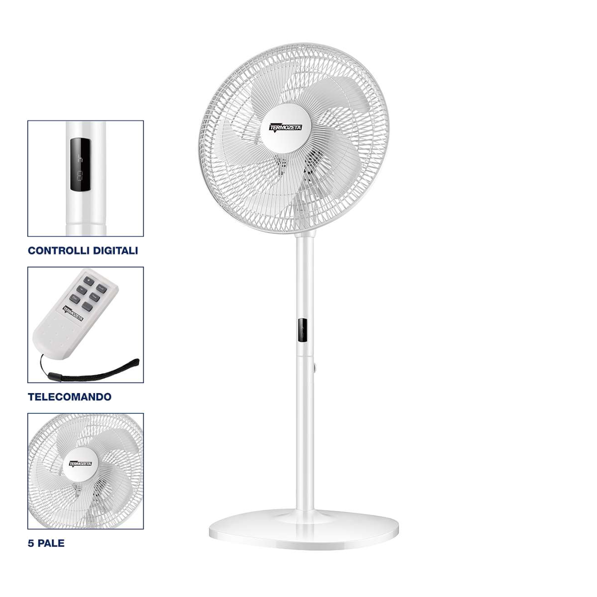 Termozeta Ventilatore a piantana 2 in 1 TZAZH01 montaggio senza viti timer 8h 5 pale 3 velocità oscillazione controlli al LED telecomando