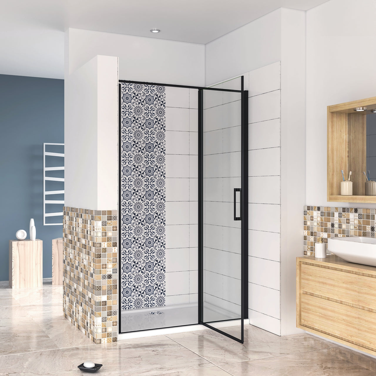 120x185 cm Box Doccia per Nicchia Porta Battente Verso Esterno in Vetro Temperato Trasparente Anticalcare 6 mm Profilo Nero Opaco