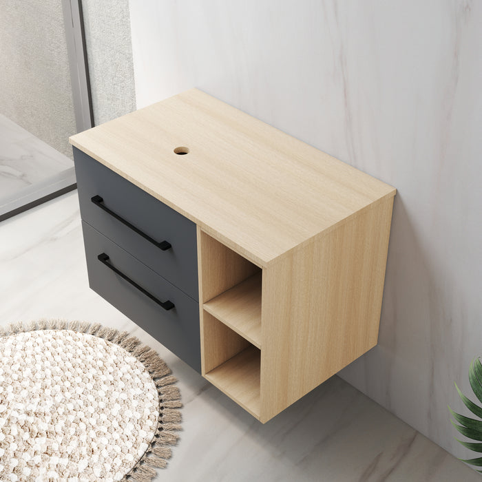 Mobile bagno a due cassetti 79cm senza lavabo, sospeso, finitura rovere, con ripiani aperti