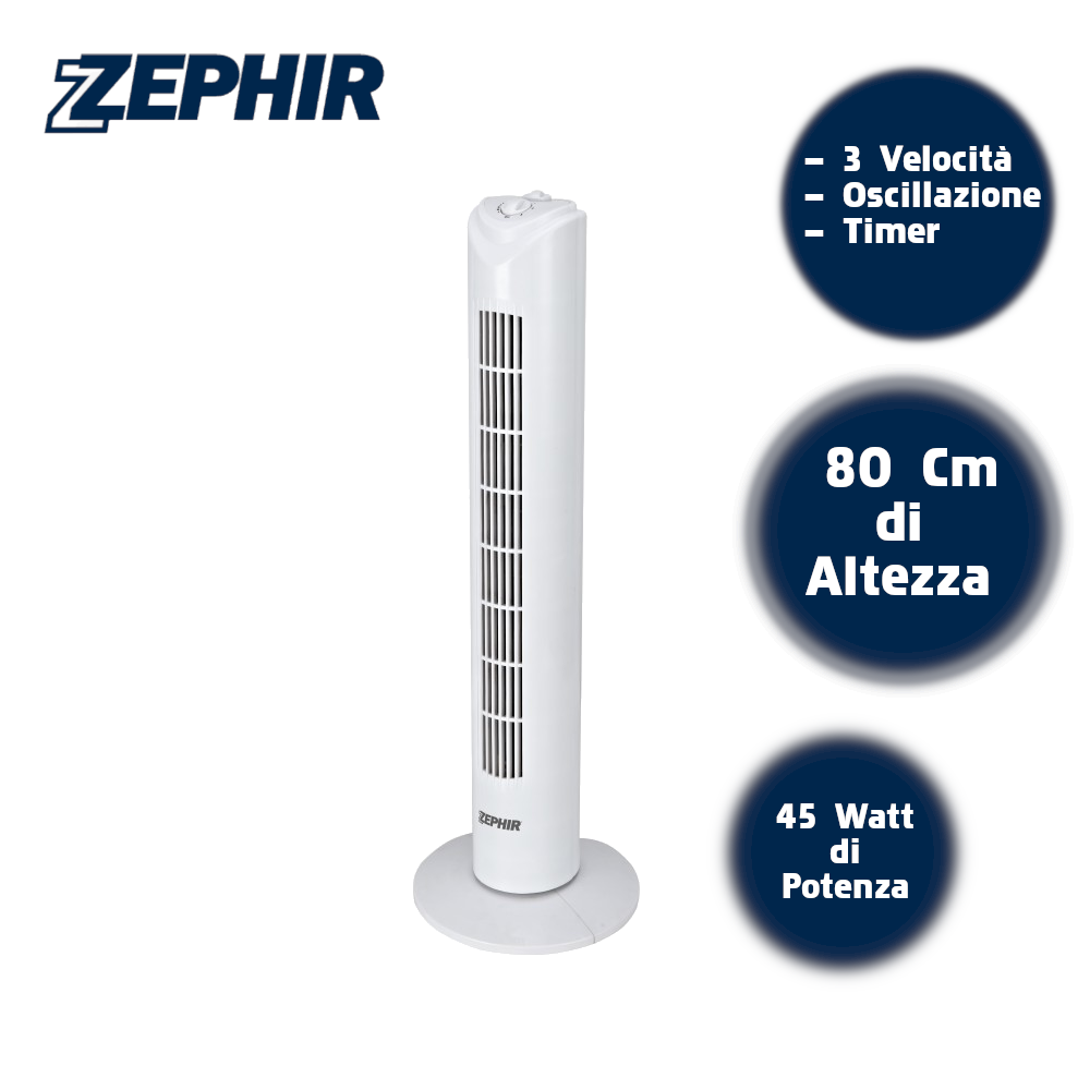 Zephir PH81 Ventilatore Torre Timer 3 velocità 80CM Oscillazione senza pale 45W