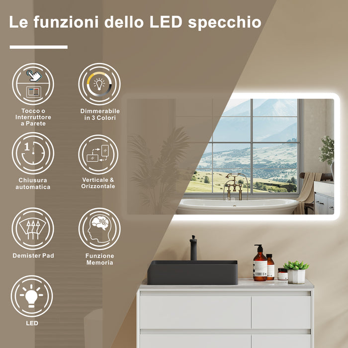 Aica Specchio da bagno a LED con Bluetooth 120 x 70 cm, 3 colori di luce regolabili, tasti a sfioramento