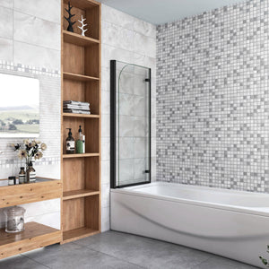 Sopravasca da Bagno Parete Vasca Doccia 100x140 cm Due Ante Movibili Vetro Temperato Trasparente 6 mm Anticalcare Telaio Nero Opaco