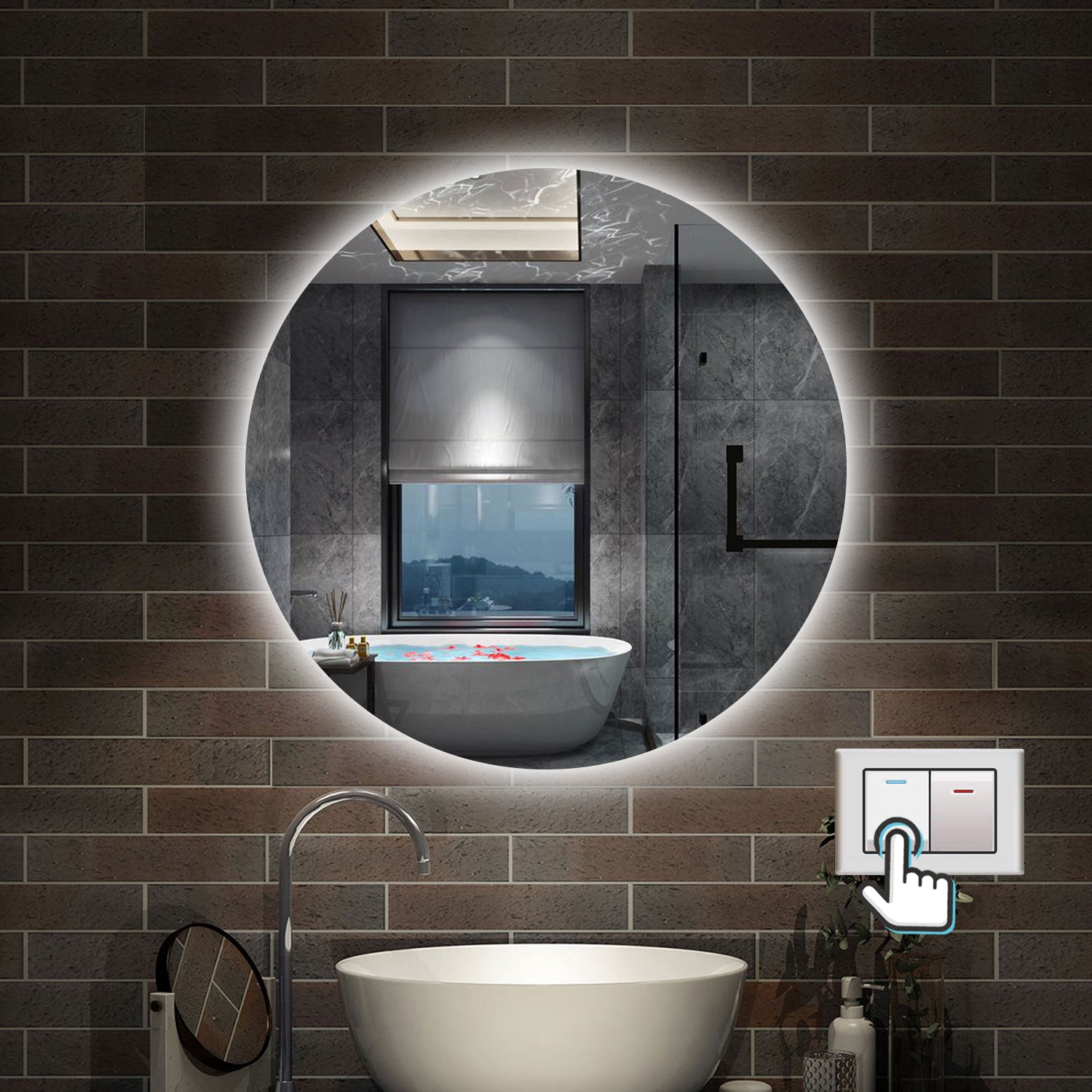 Specchio bagno Rotondo 90 cm con led. Dimmerabile + Touch Control + Bordo non sabbiato + IP44
