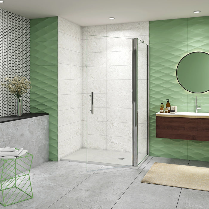 195 cm Box Doccia Walk In Porta Battente 87 cm + Parete Fissa 80 cm Vetro 6mm Anticalcare Barra da 45 cm Cromo Lucido