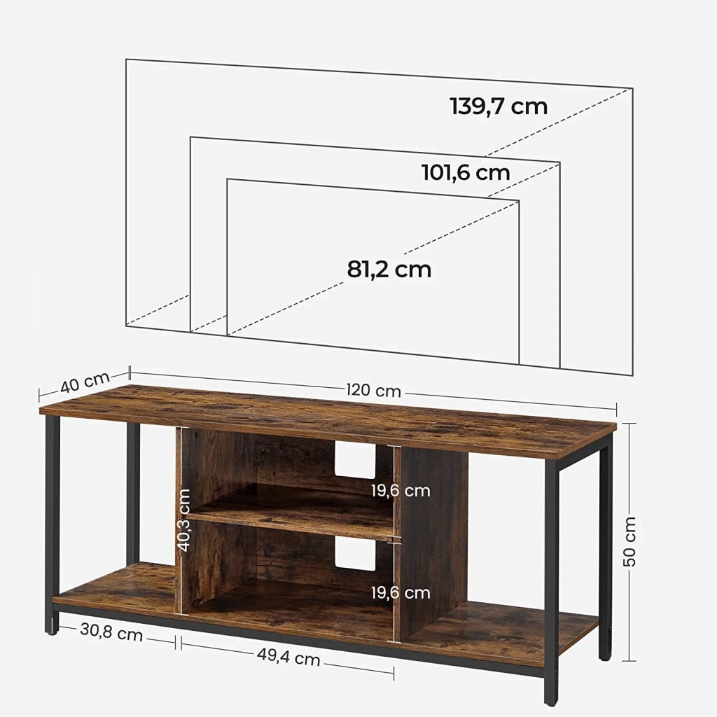 Mobile porta TV per televisori fino a 60 pollici 120 x 40 x 50 cm mobile porta TV con scomparti aperti e ripiani per soggiorno o sala giochi stile industriale marrone 12_0006562