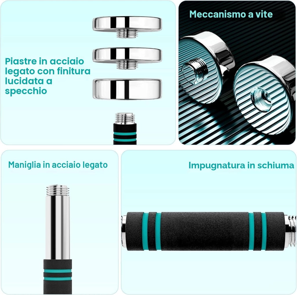 Manubri in acciaio – Set di 2 manubri ultra compatti regolabili 5 kg 10 kg con manico in schiuma – manubri fitness per la casa