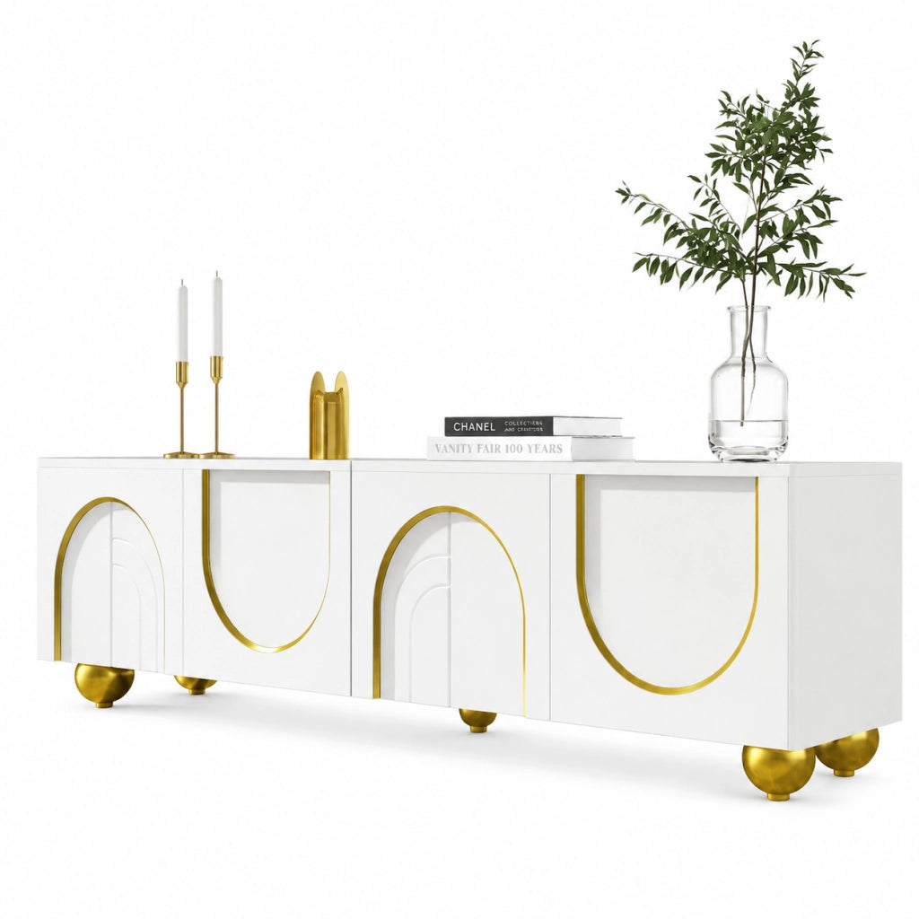 Mobile TV 170x38x44 cm; ante push-to-open con dettagli oro; pannello truciolare bianco