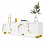 Mobile TV 170x38x44 cm; ante push-to-open con dettagli oro; pannello truciolare bianco
