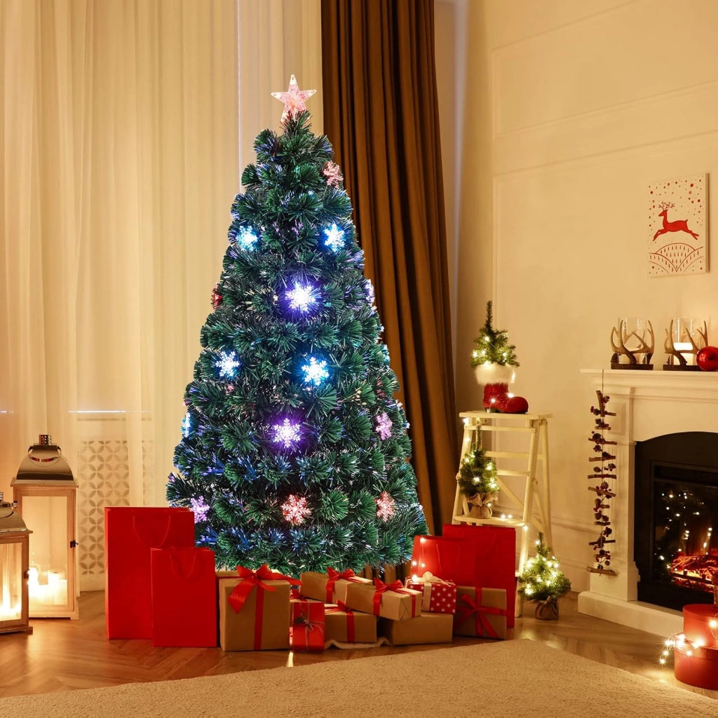 Albero di Natale 90/120/150/180 cm, Albero di Natale Artificiale con Luci LED, Rami Densi, Stelle Luminosi e Fibre Ottiche, Decorazione Natalizia per Casa, Ufficio e Negozio (150cm)