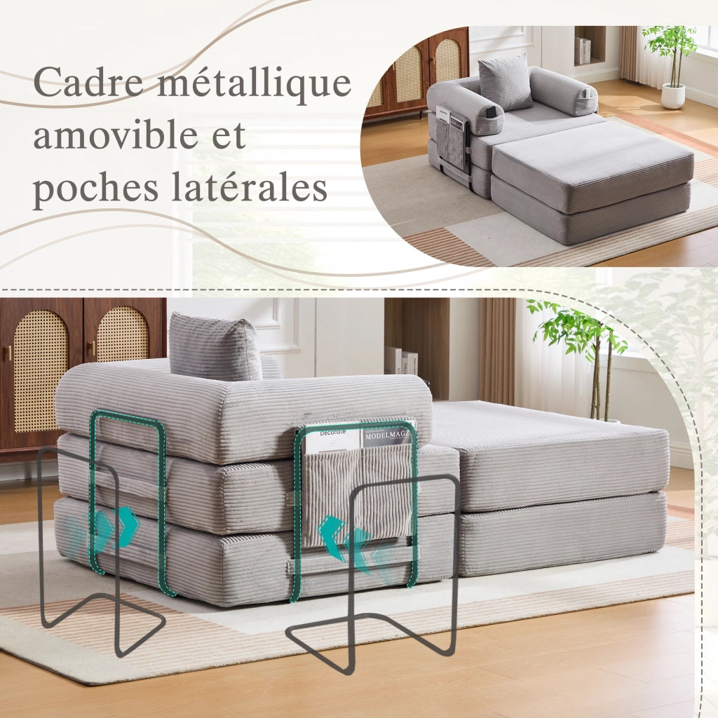 Divano modulare con cuscino e tasca laterale, design ergonomico per soggiorno, in velluto a coste grigio chiaro