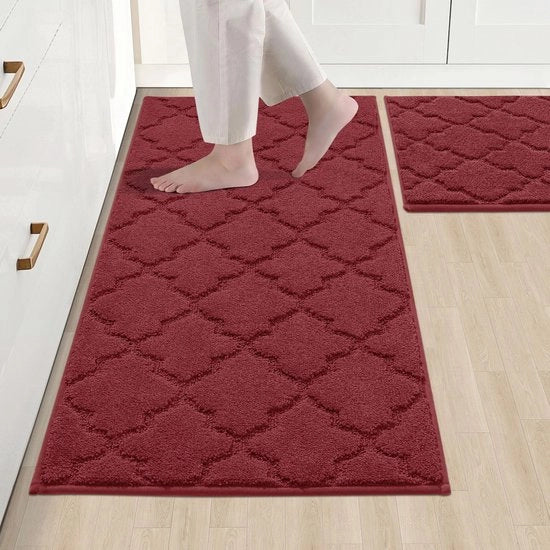 Mat di Cucina 2 Pezzi, Mat di Cucina Antiscivolo, Mat di Cucina, Mat di Passeggio per Cucina (50 x 75 cm + 50 x 120 cm, Rosso)