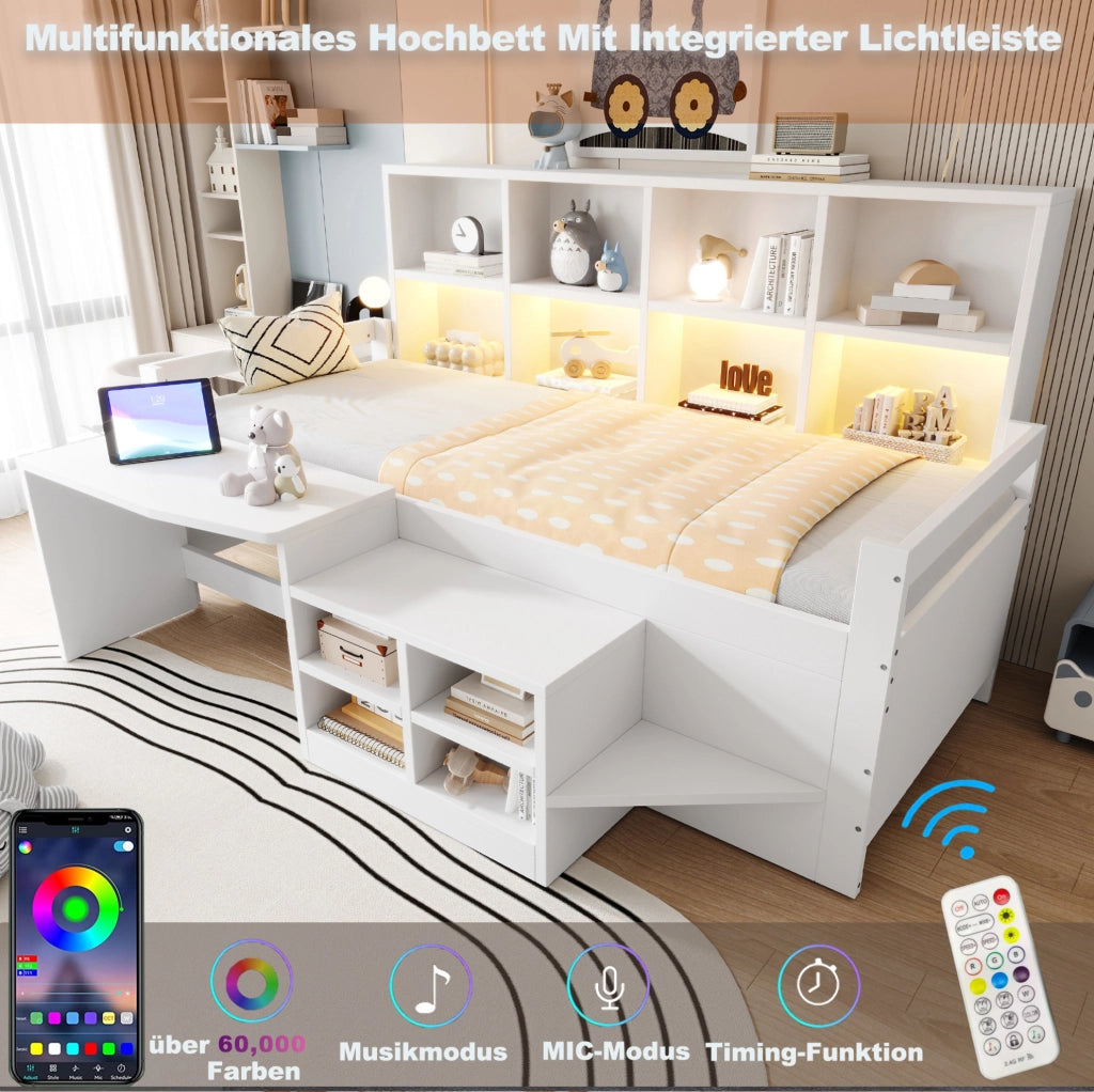 Letto singolo multifunzione 90x200 cm con scrivania; LED e vani contenitore; bianco