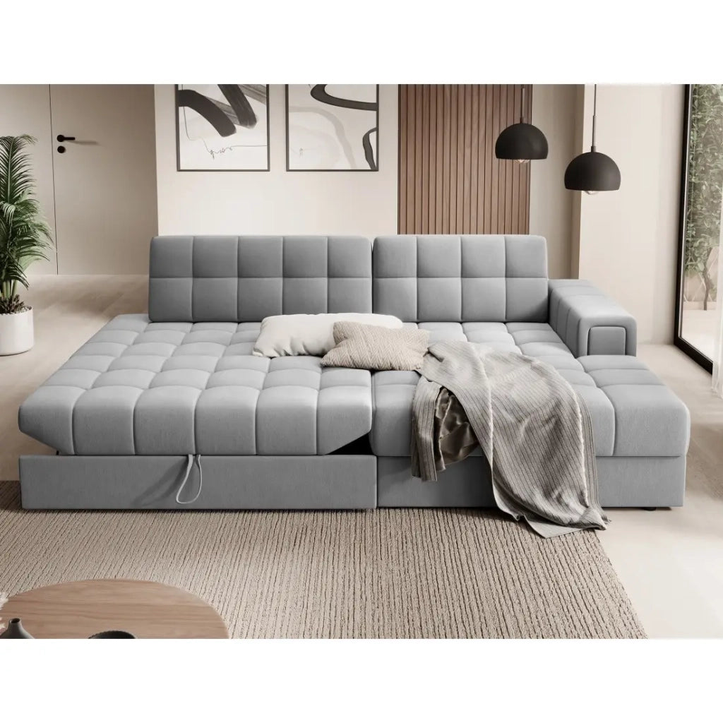 Divano angolare trasformabile CUBITO grigio 240 cm con contenitore e letto