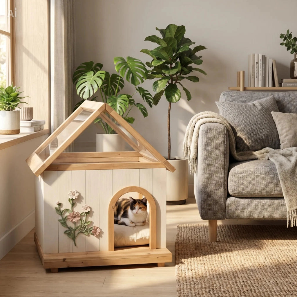 Casetta per gatti e cani di piccola taglia in legno con tetto in acrilico 60x55x80 cm; bianco