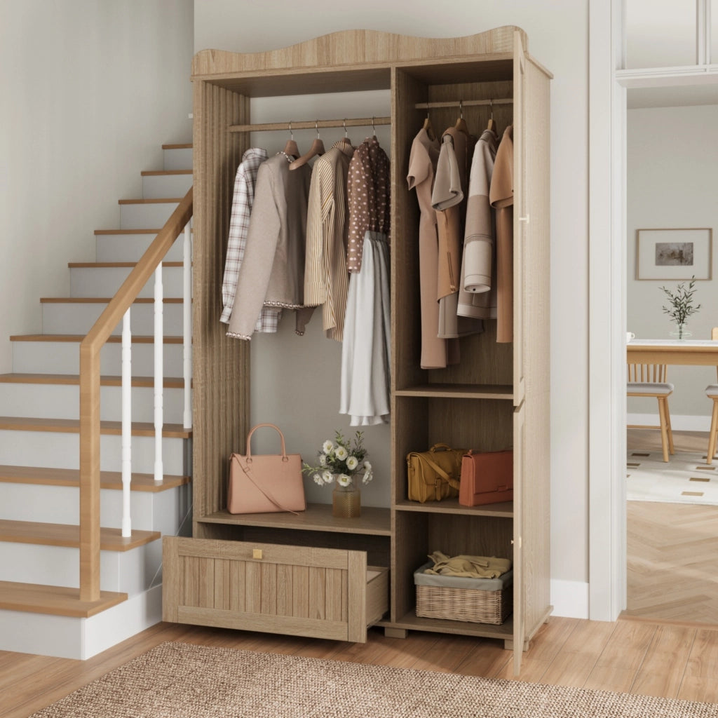 Armadio con 2 Ante e 1 Cassetto; Anta a Specchio e Barra Appendiabiti Aperta; Stile Moderno; in MDF; 115;5??38;5??194;5 cm; Rovere