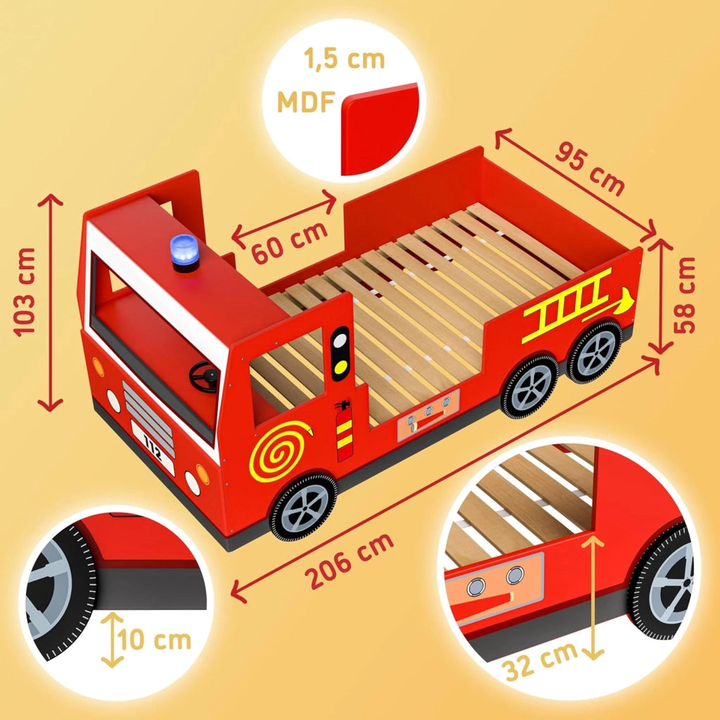 Deuba Letto per Bambini Pompieri 205x94,5x103cm Protezione Anticaduta Rete a doghe 100kg Lettino Bimbi Vigili del Fuoco