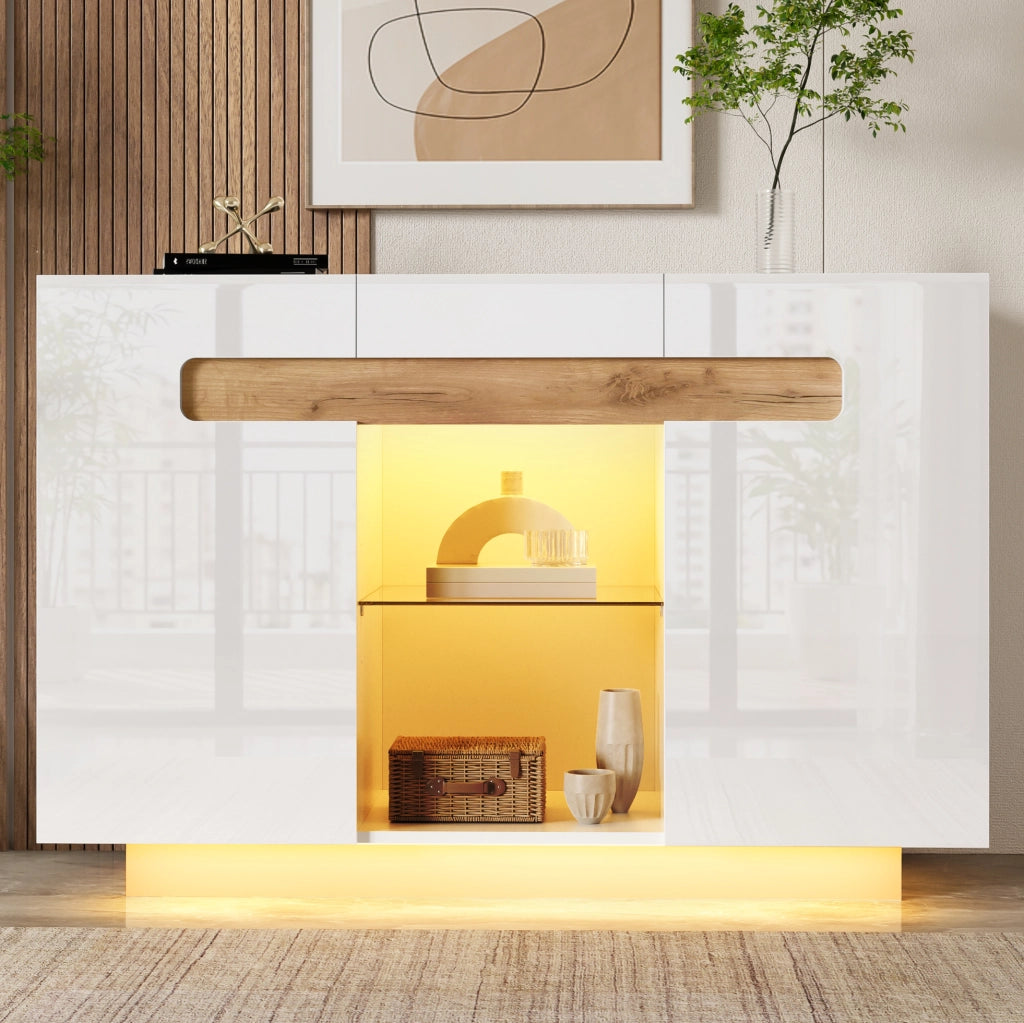 Sideboard LED bianco e legno naturale 120 × 40 × 80 cm