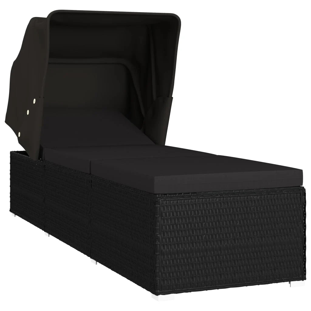 Lettino prendisole sedia a sdraio lettino prendisole letto da giardino mobili da esterno per patio con baldacchino e cuscino resina intrecciata nera 02_0012275