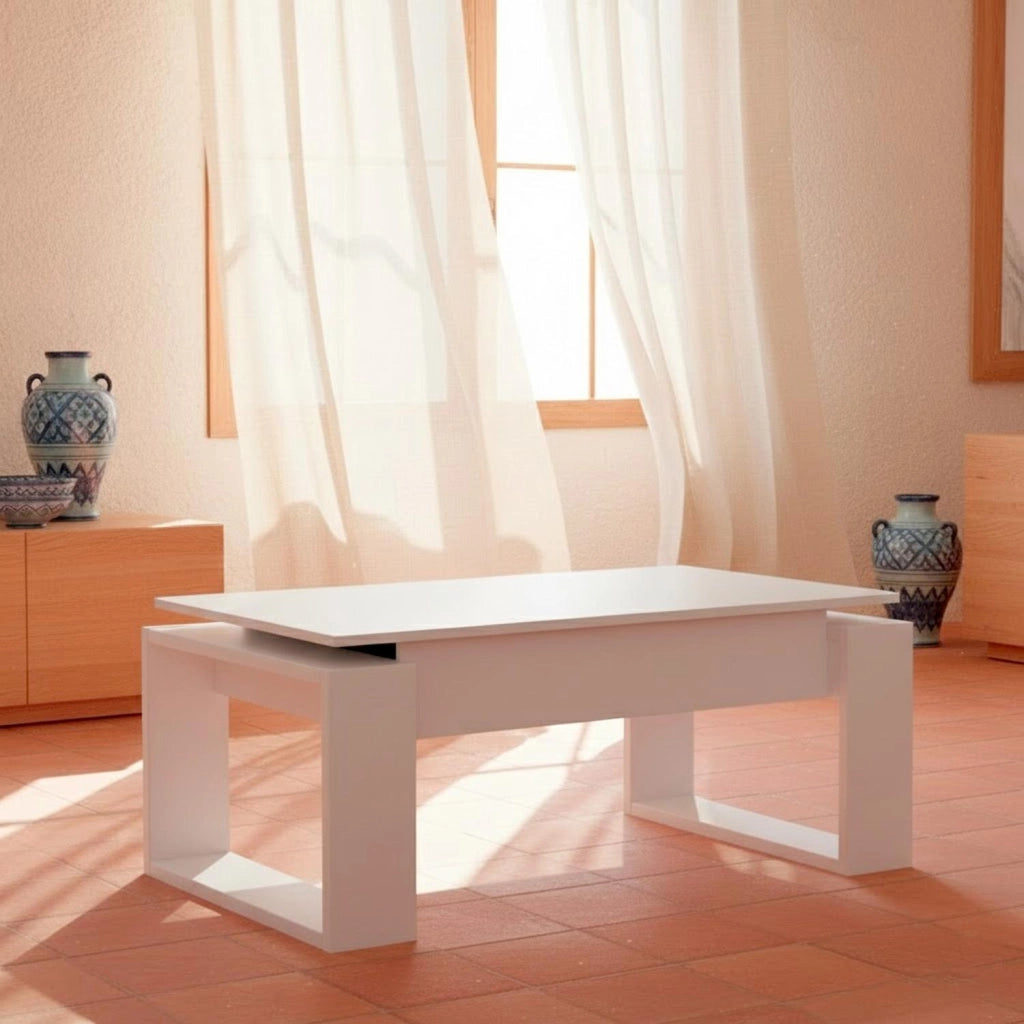 Tavolino Da Caffè Con Piano Sollevabile Rialzabile Tavolo Moderno Salvaspazio Per Soggiorno E Pranzo Ideale Per Mangiare Lavorare E Organizzare Il Living 105 X 55 X 45 Cm Bianco