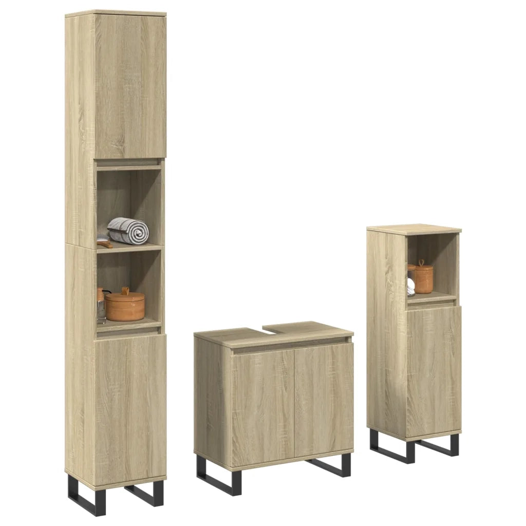 Set Mobili da Bagno | Armadio da bagno 3 pz Rovere Sonoma in Legno Multistrato