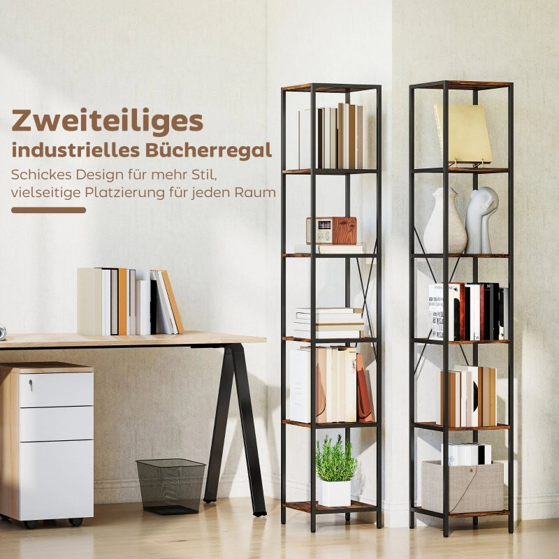 Set di 2 librerie a 6 ripiani, struttura in acciaio, per soggiorno, ufficio, camera da letto, marrone rustico