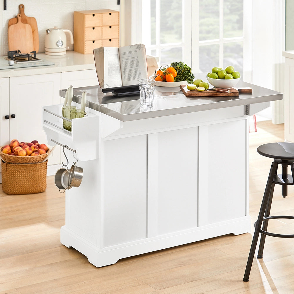 SoBuy | Isola cucina pieghevole in bianco | Carrello cucina a 4 ruote | Cucina a penisola con 2 porte | 128.0x71.0x91.0 cm | Capacità di carico 94 kg | FKW41-II-ST