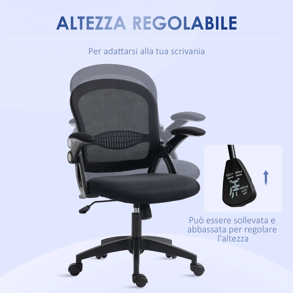 Sedia da Ufficio Ergonomica con Schienale a Rete e Altezza Regolabile, 65.5x61.5x88-97.5cm, Nero