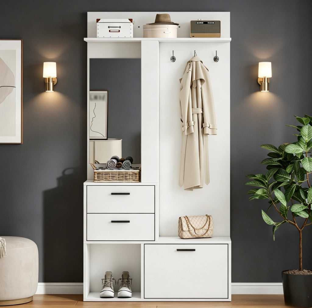 Mobile guardaroba con specchio, scarpiera e cassetti 90x30x180 cm bianco