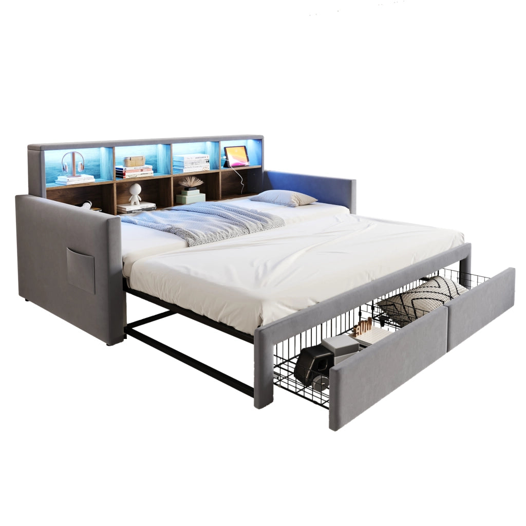 OKWISH Letto Estraibile 90 x 190 cm, Letto Singolo con 2 Cassetti, LED, USB e Tipo C, estensibile a 180 cm, senza materasso