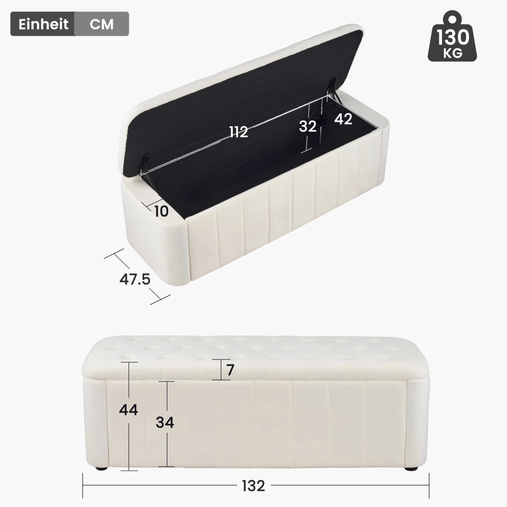 Panca contenitore in velluto con angoli arrotondati e seduta imbottita per soggiorno e ingresso beige 132 × 47 × 24 cm