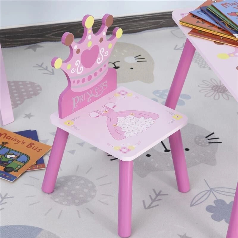 SET TAVOLO E 2 SEDIE TEMA PRINCIPESSE PER CAMERETTA BAMBINI IN LEGNO ROSA