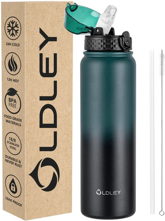 Fles di acqua RVS con imbuto, 1L con isolamento, termos, BPA-free - Bottiglie metalliche impermeabili conservano caldo e freddo per attività sportive e palestra (verde scuro, nero, 1 coperchio)