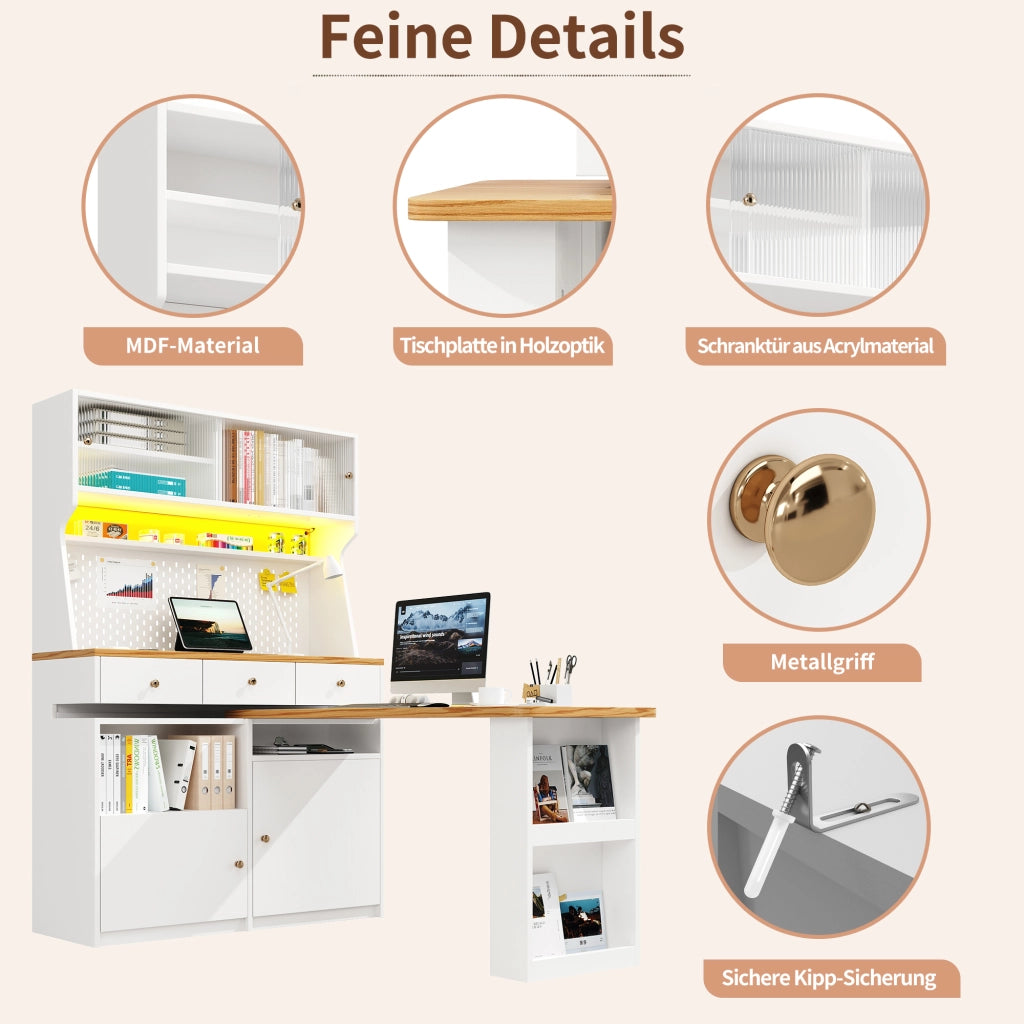 Credenza alta da cucina con piano estraibile e LED; mobile contenitore in MDF per cucina e sala da pranzo; 137×45×178 cm