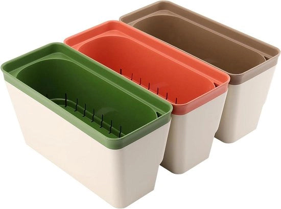 Banchi per vasi di erbe - Verde, Arancione, Marrone - Rettilineo - Interno con foro di drenaggio e strisce assorbenti dell'acqua - Vasi per piante autoflessibili con innaffiatura - Set da 3