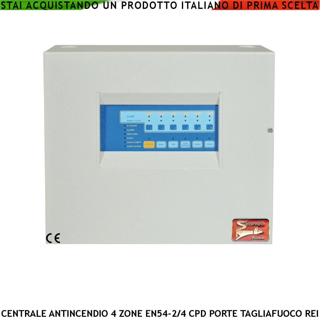 CENTRALE ANTINCENDIO 4 ZONE GESTISCE 128 SENSORI COMANDA ELETTROMAGNETI PER PORTE R.E.I ALLARME TELEFONICO SIRENE SPEGNIMENTO
