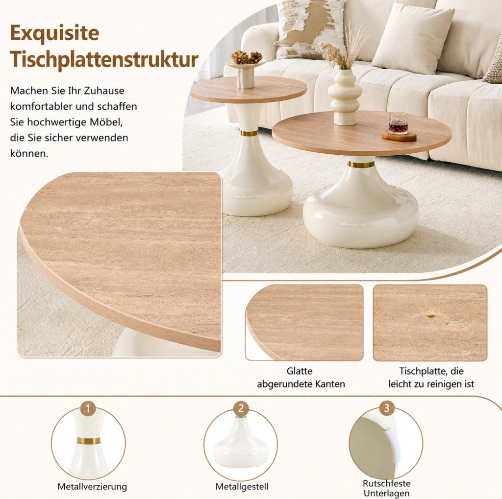 Set 2 tavolini da caffè sovrapponibili in MDF e metallo; effetto legno; ?70 e ?50 cm